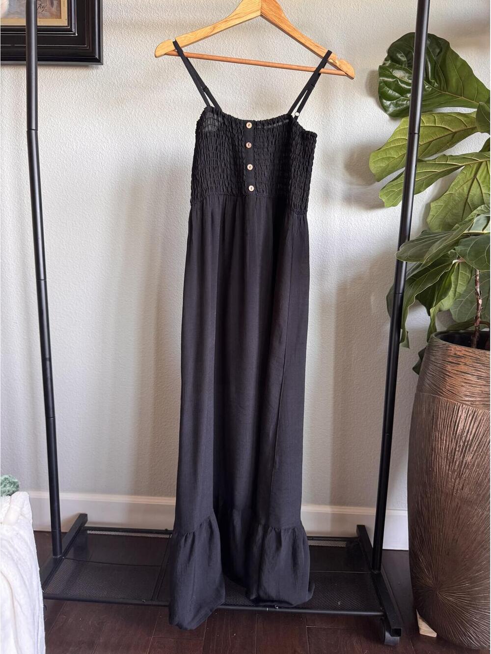 AUW Black Smocked Tiered Maxi Sundress NWOT Size M Summer Boho Dress